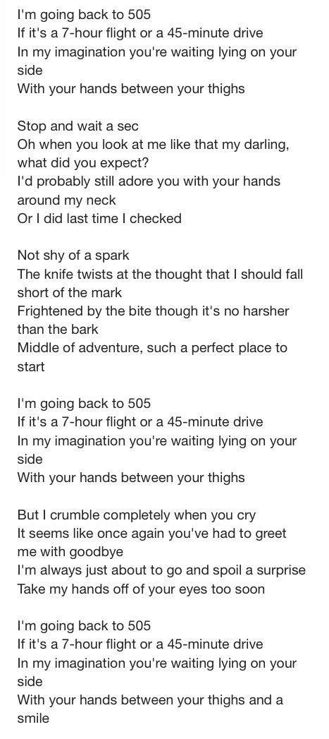 Arctic Monkeys - 505 (Traducción al Español) Lyrics. [Coro] Estoy volviendo al 505. Si son 7 horas volando o 45 minutos conduciendo. En mi imaginación estás esperando acostada de tu lado. Con ...